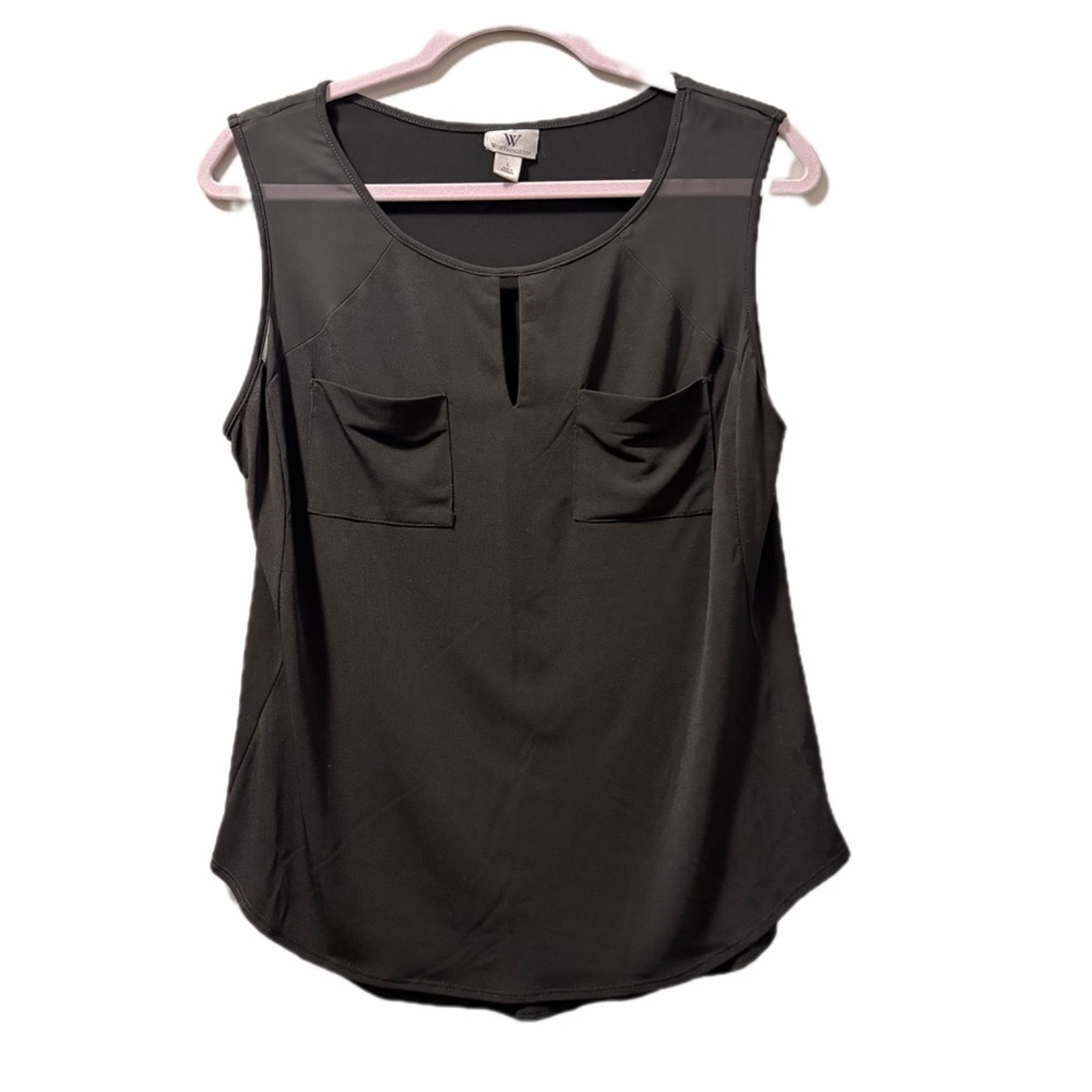 Worthington Blouse Tank Black Sheer Pockets Keyhole